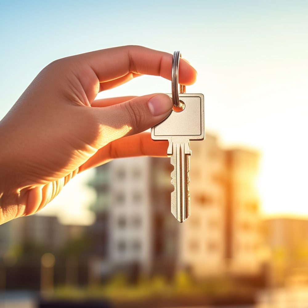 A realtor, insurance sales agent hands over the keys to the house to the new owner or tenant. Real estate and mortgage concept